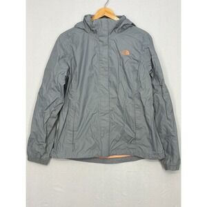 The North Face HyVent Windbreaker Jacket Womens Gray Orange Hooded Long Sleeve